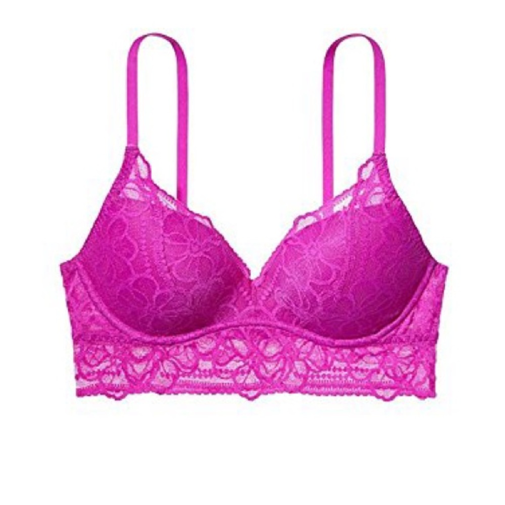 PINK Victoria’s Secret Lace Bralette, Padded + Push Up, Magenta/Fuchsia, Medium